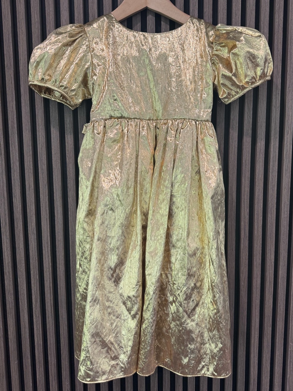 LoveShackFancy Shimmery Gold Puff-Sleeve Kids Dress